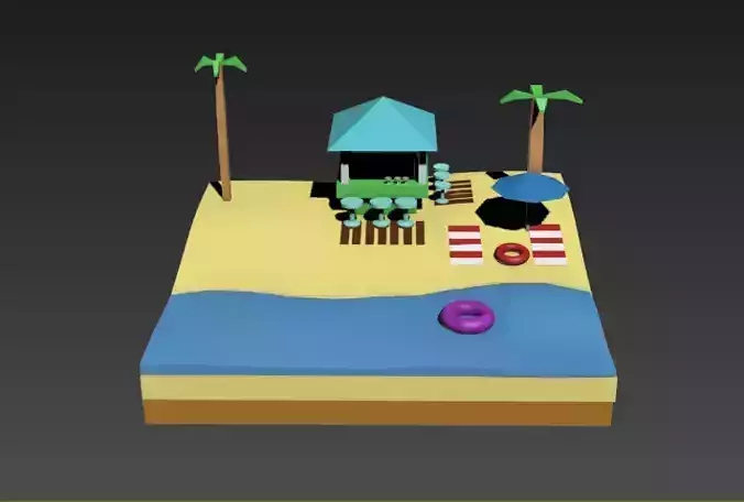 Low poly beach with palm trees and sand