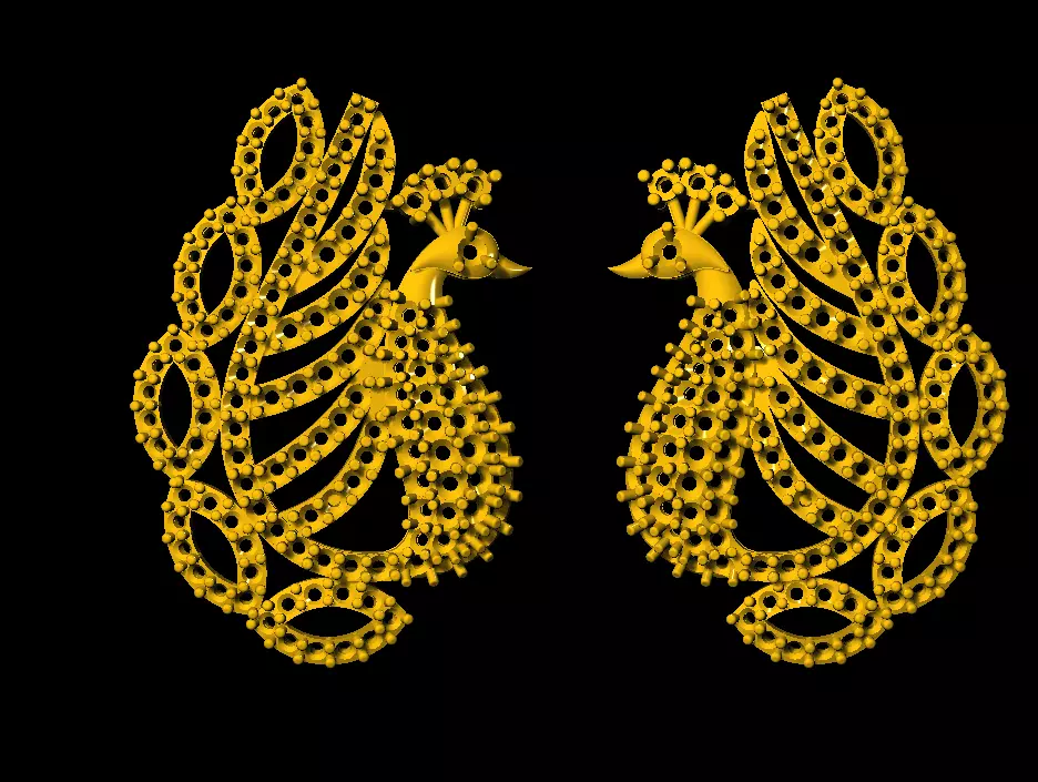 Sidepiece pair of gold peacock earrings 3D print model_0