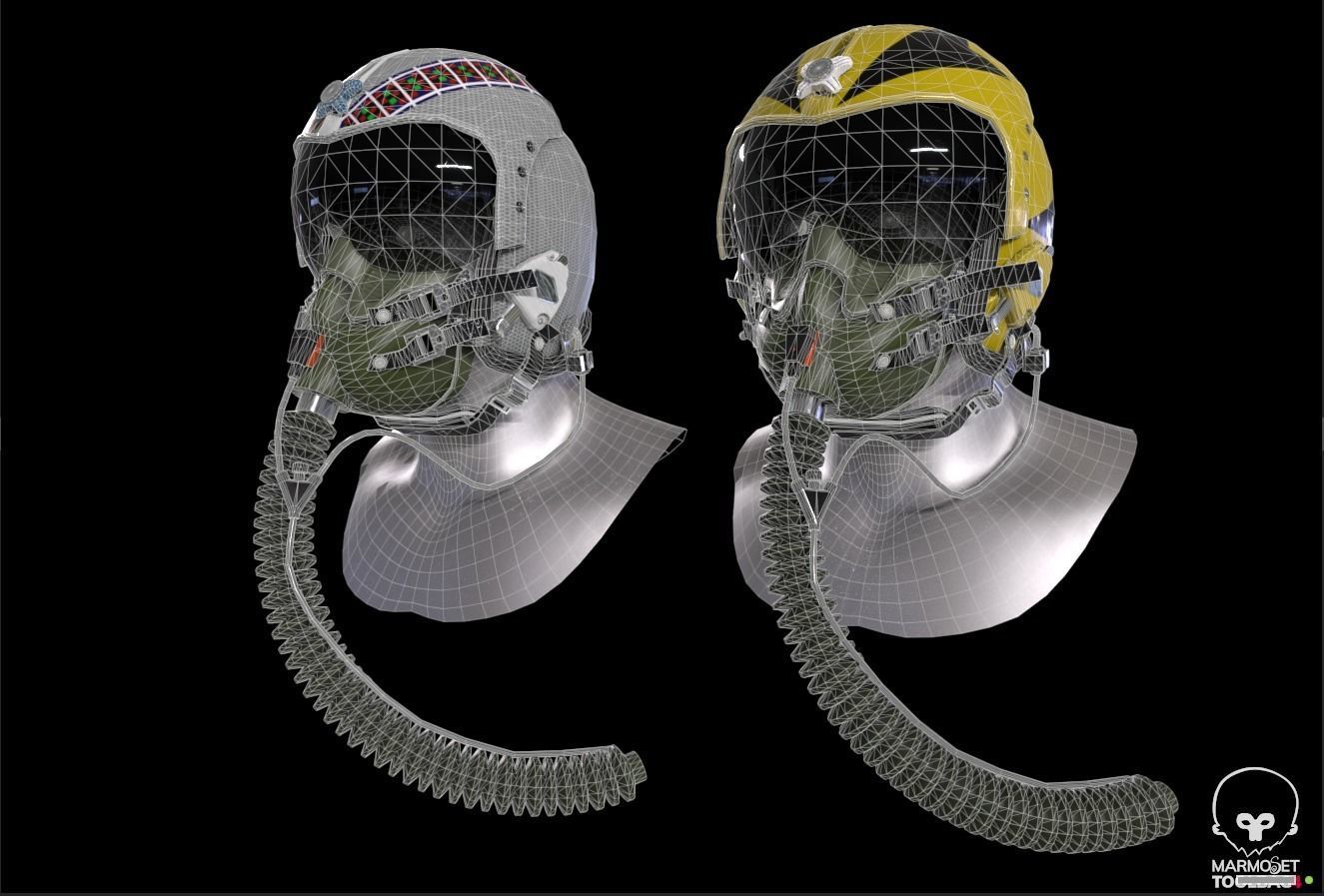 Fighter pilot helmet HGU-33 with MBU-12 oxygen mask Low-poly 3D model_10