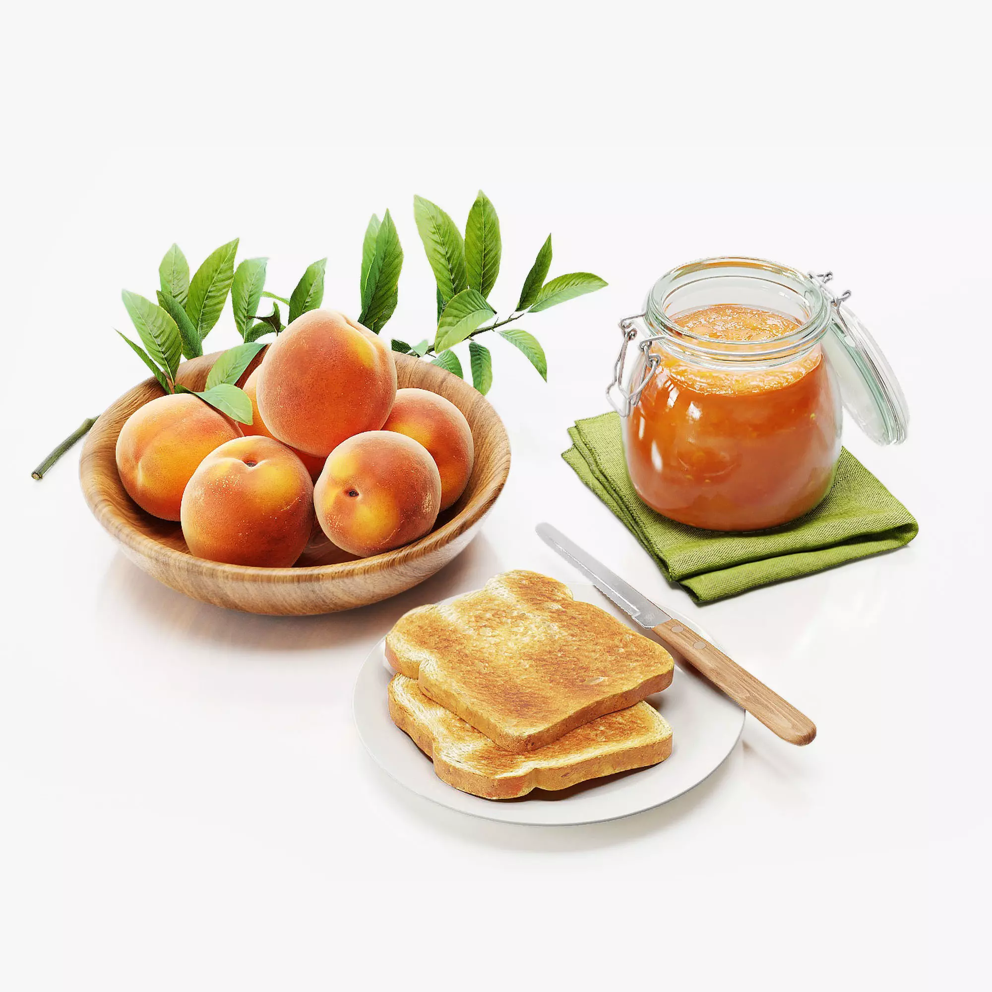 set peaches glass jar of orange juice on cloth 3D model_0
