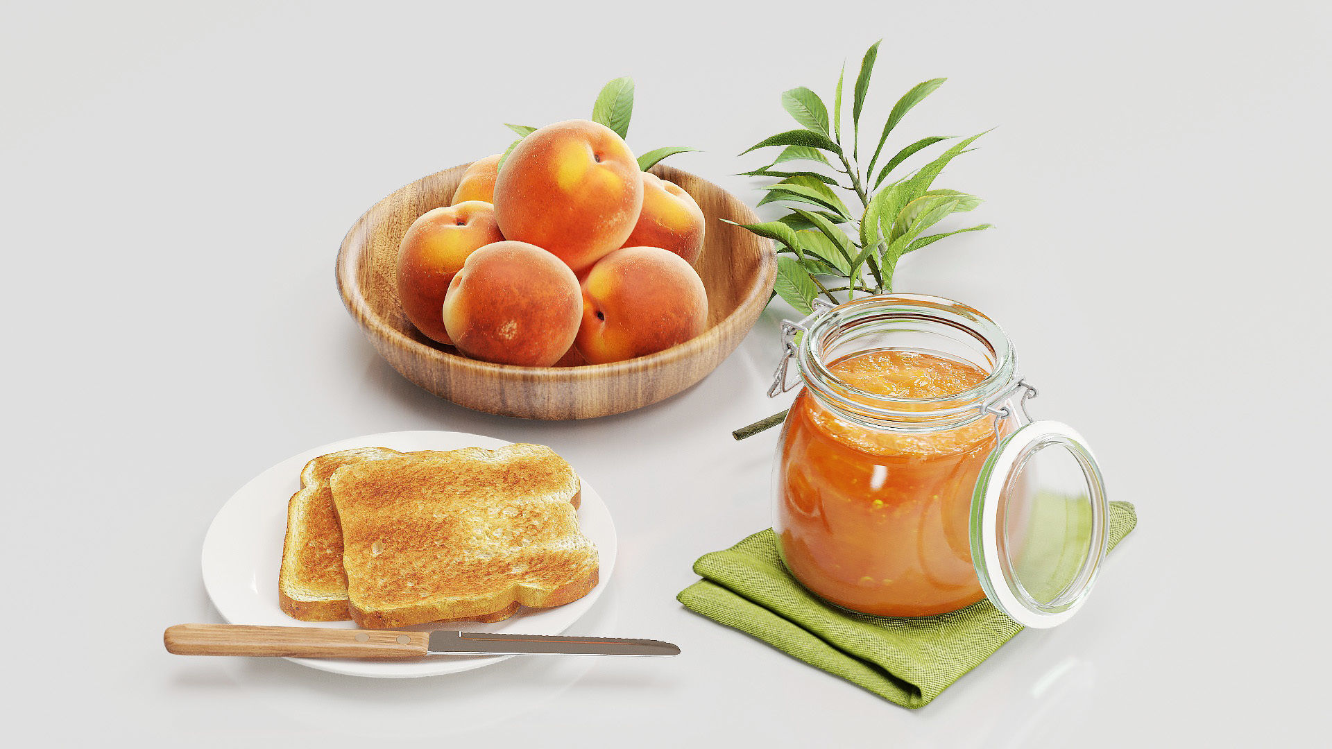 set peaches glass jar of orange juice on cloth 3D model_2