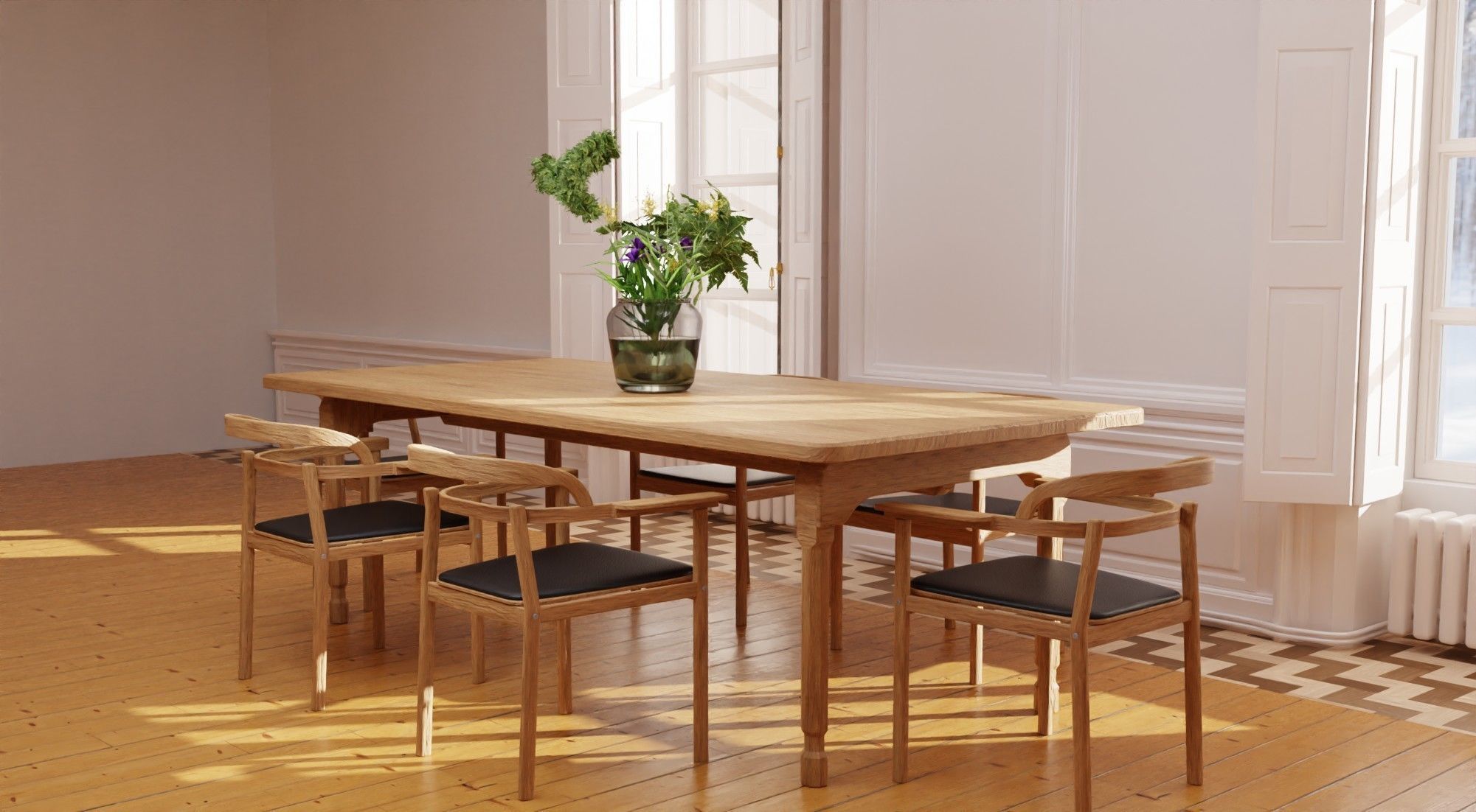 Dining  wooden table and chairs 3D model_1