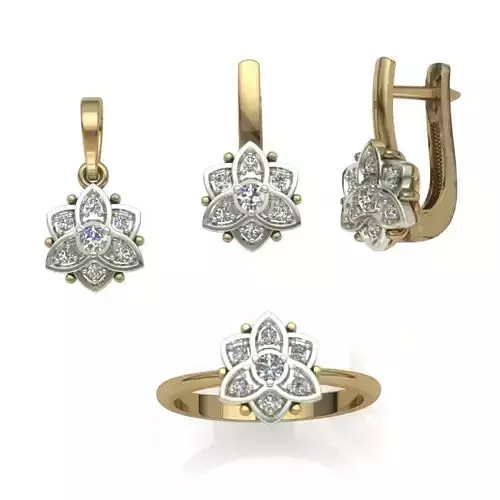 Set ring earring and pendant with diamonds