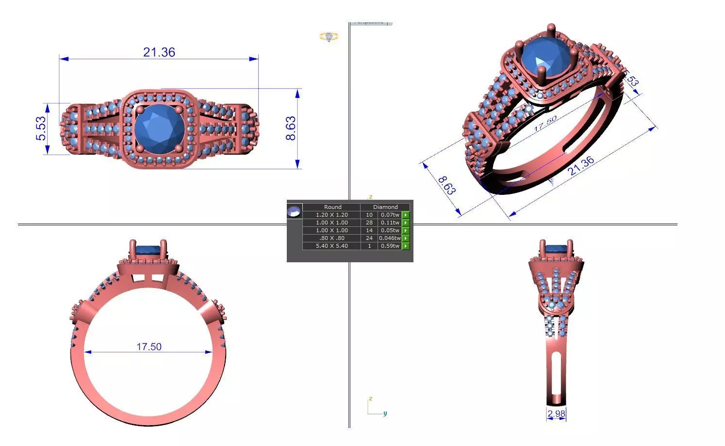 R-3634 ring with sapphires and diamonds 3D print model