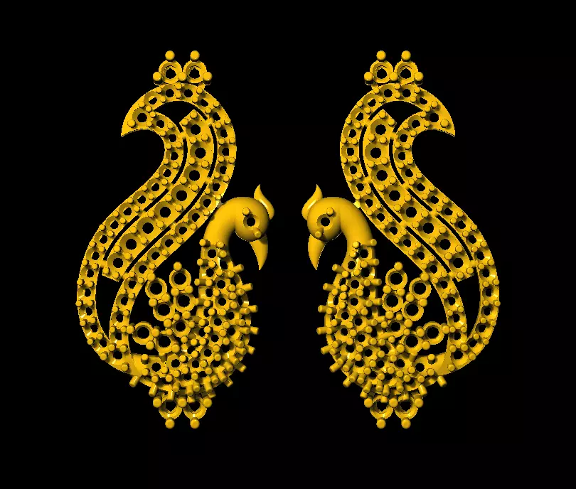 Sidepiece two gold peacock earrings 3D print model_0