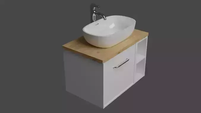 White modern wash basin on white counter with wooden top 