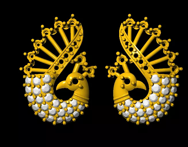 Sidepiece two gold peacock earrings 3D print model_0