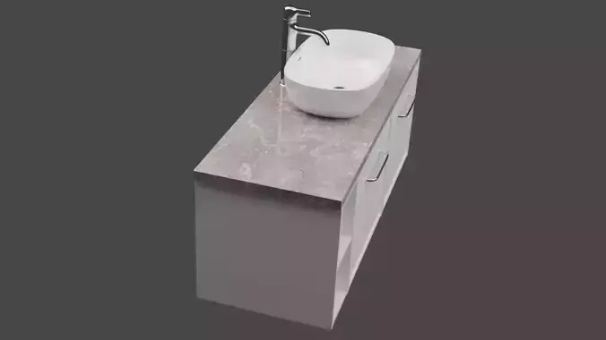 White modern wash basin on long white counter pink marble top  