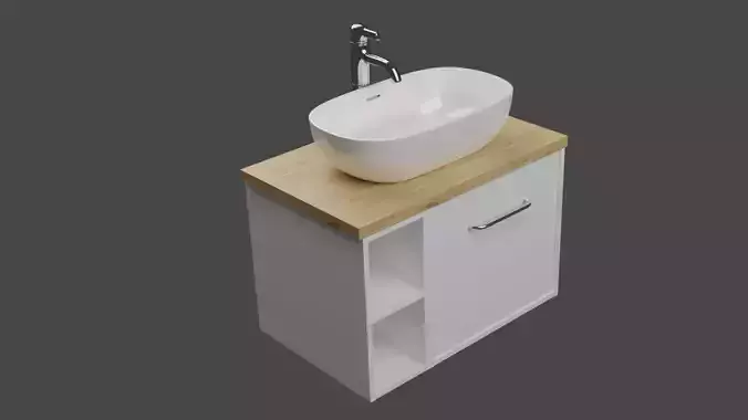 White modern wash basin on white counter with wooden on top 