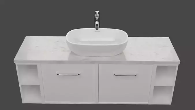 White wash basin on white long counter with marble on top 