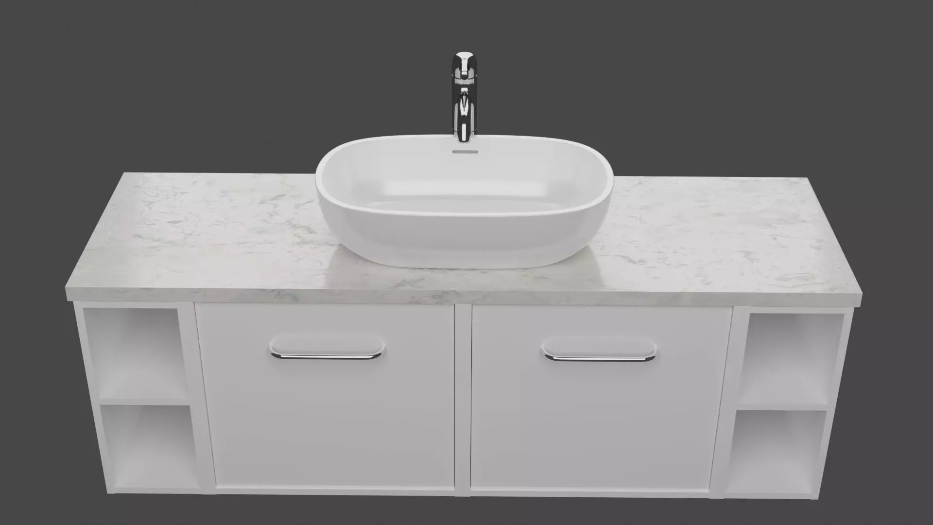White wash basin on white long counter with marble on top  3D model_0