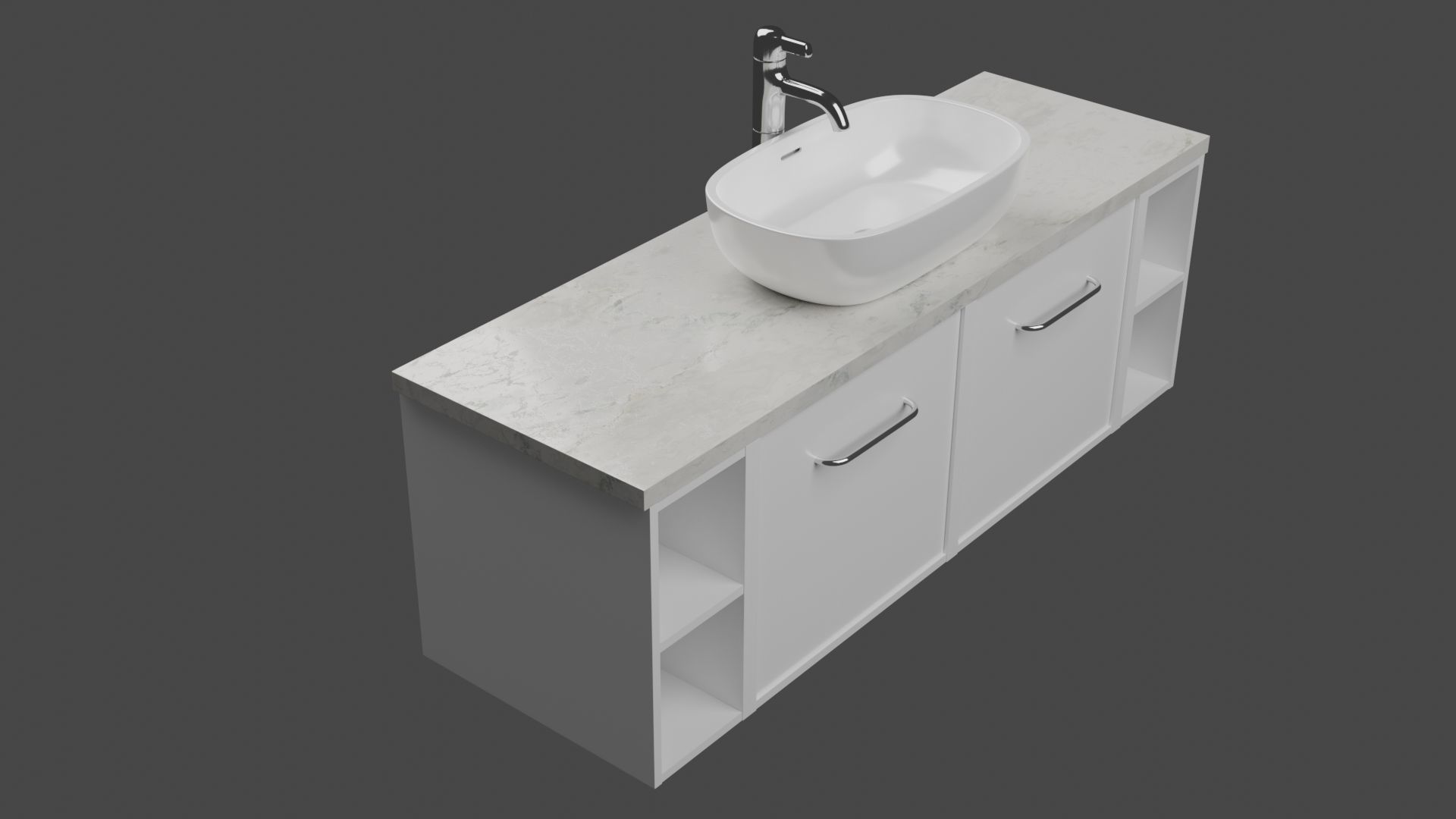 White wash basin on white long counter with marble on top  3D model_1