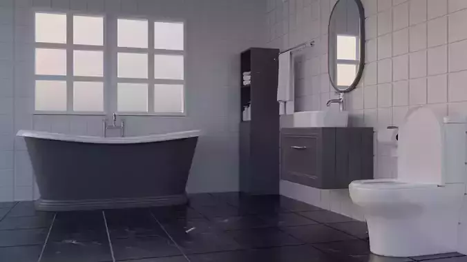 Dark modern bathroom with bathtub and bath room accessories 