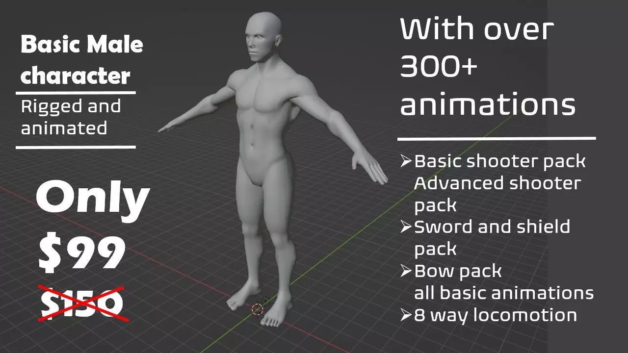 basic male game ready character with over 300 animations Low-poly 3D model