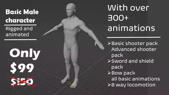  basic male game ready character with over 300 animations  Low-poly 3D model