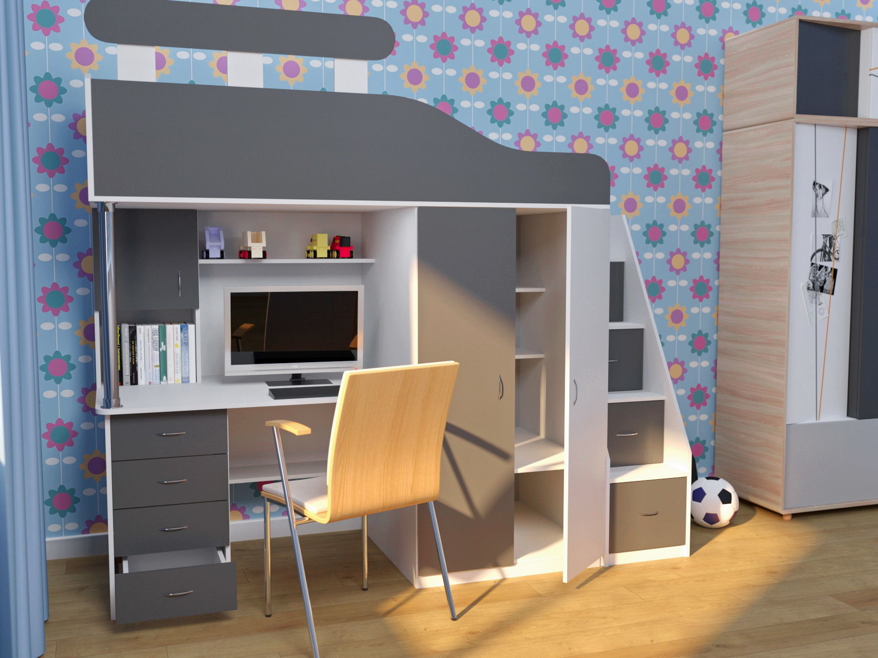 Twin Bunk Bed with Desk  Childrens bed on two levels 3D model_2