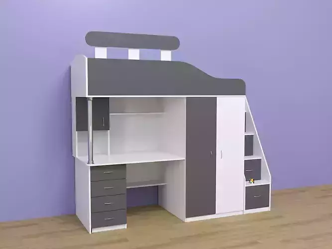 Twin Bunk Bed with Desk  Childrens bed on two levels 3D model