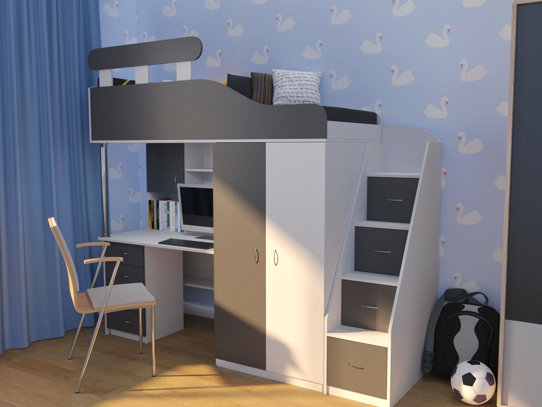 Twin Bunk Bed with Desk  Childrens bed on two levels 3D model_1