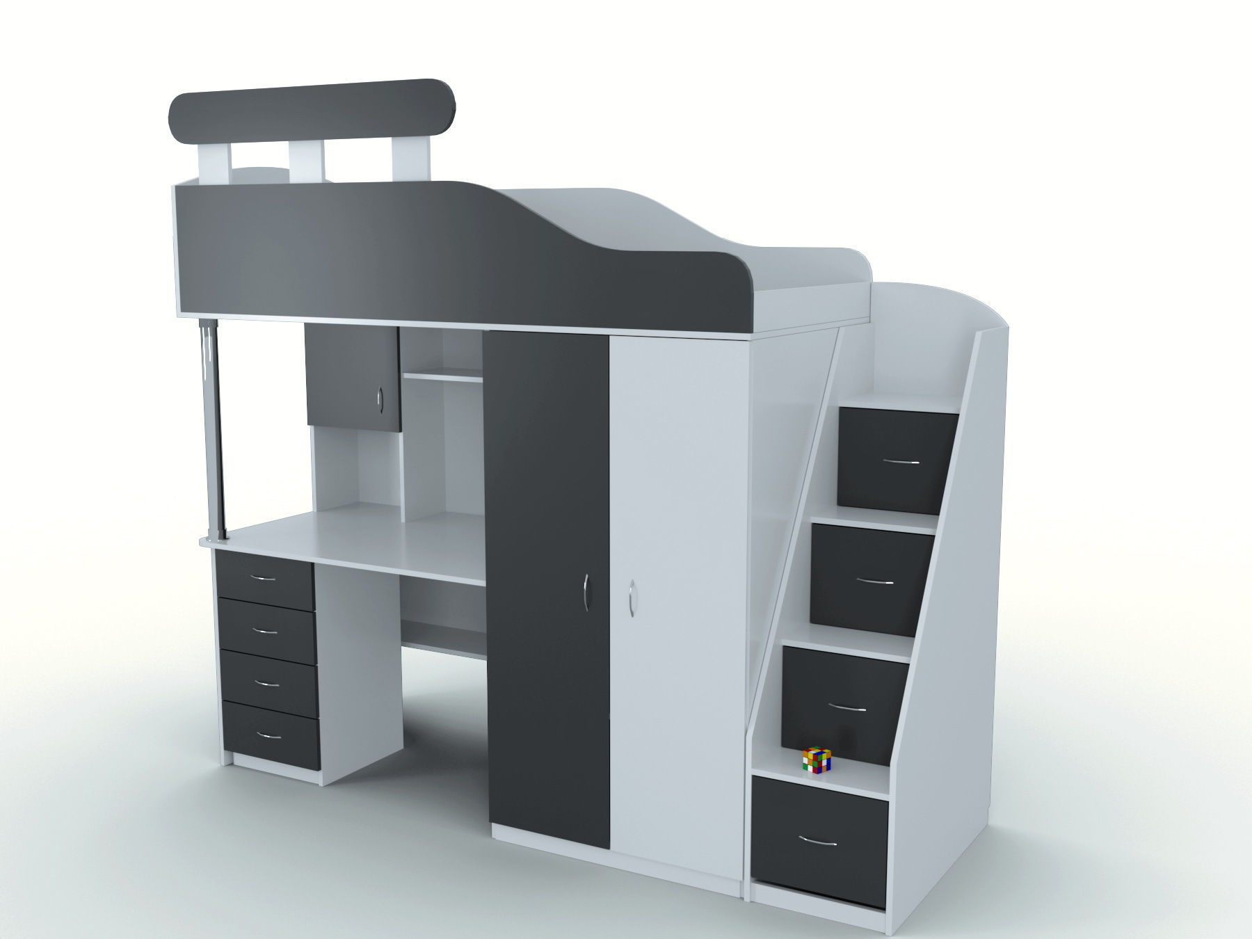 Twin Bunk Bed with Desk  Childrens bed on two levels 3D model_3