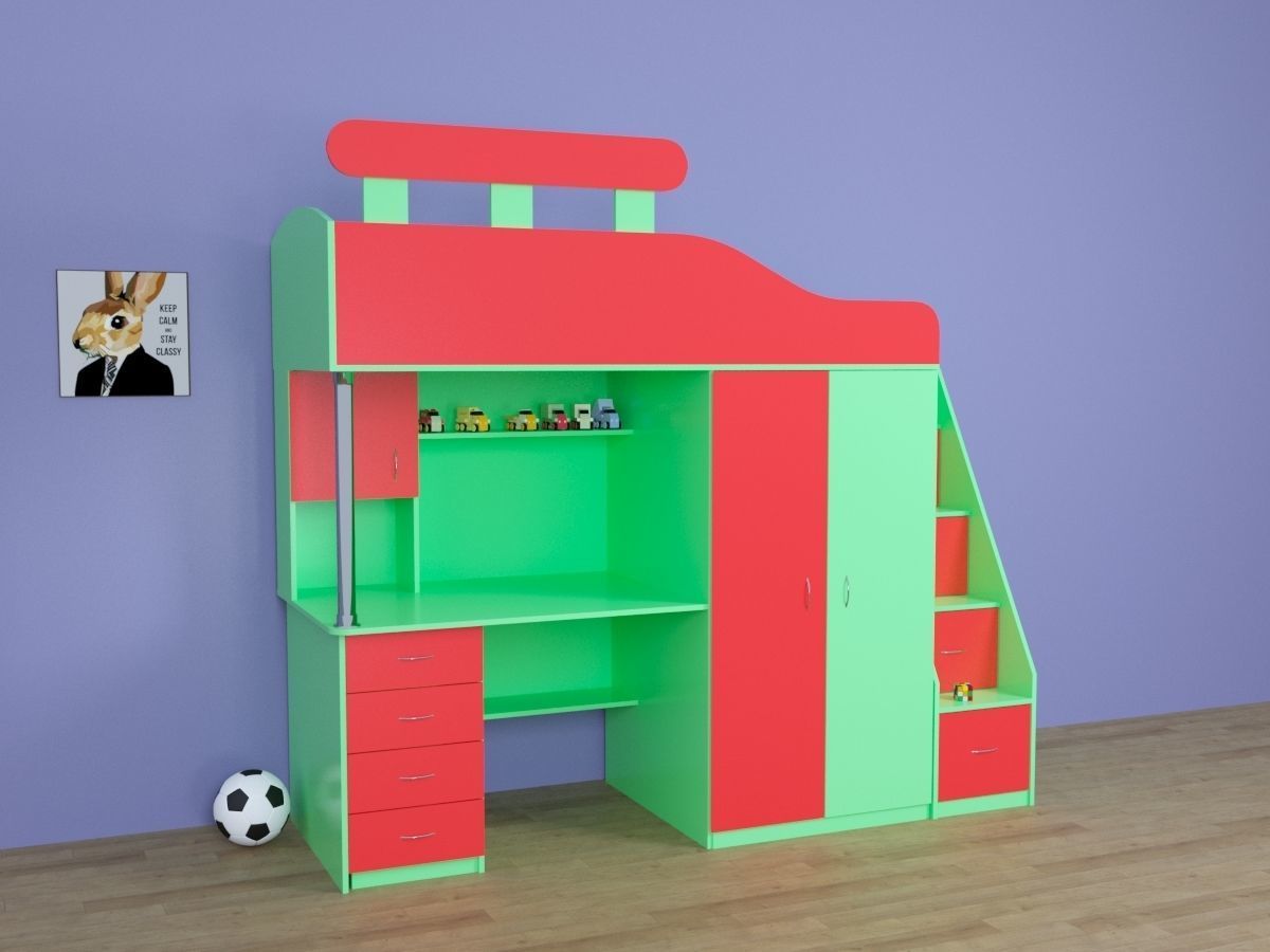 Twin Bunk Bed with Desk  Childrens bed on two levels 3D model_4