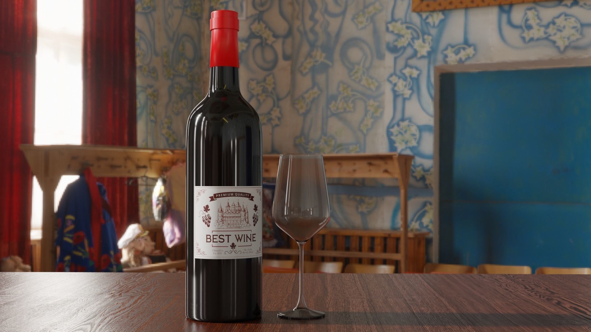 Wine Bottle With Glass Free 3D model_2