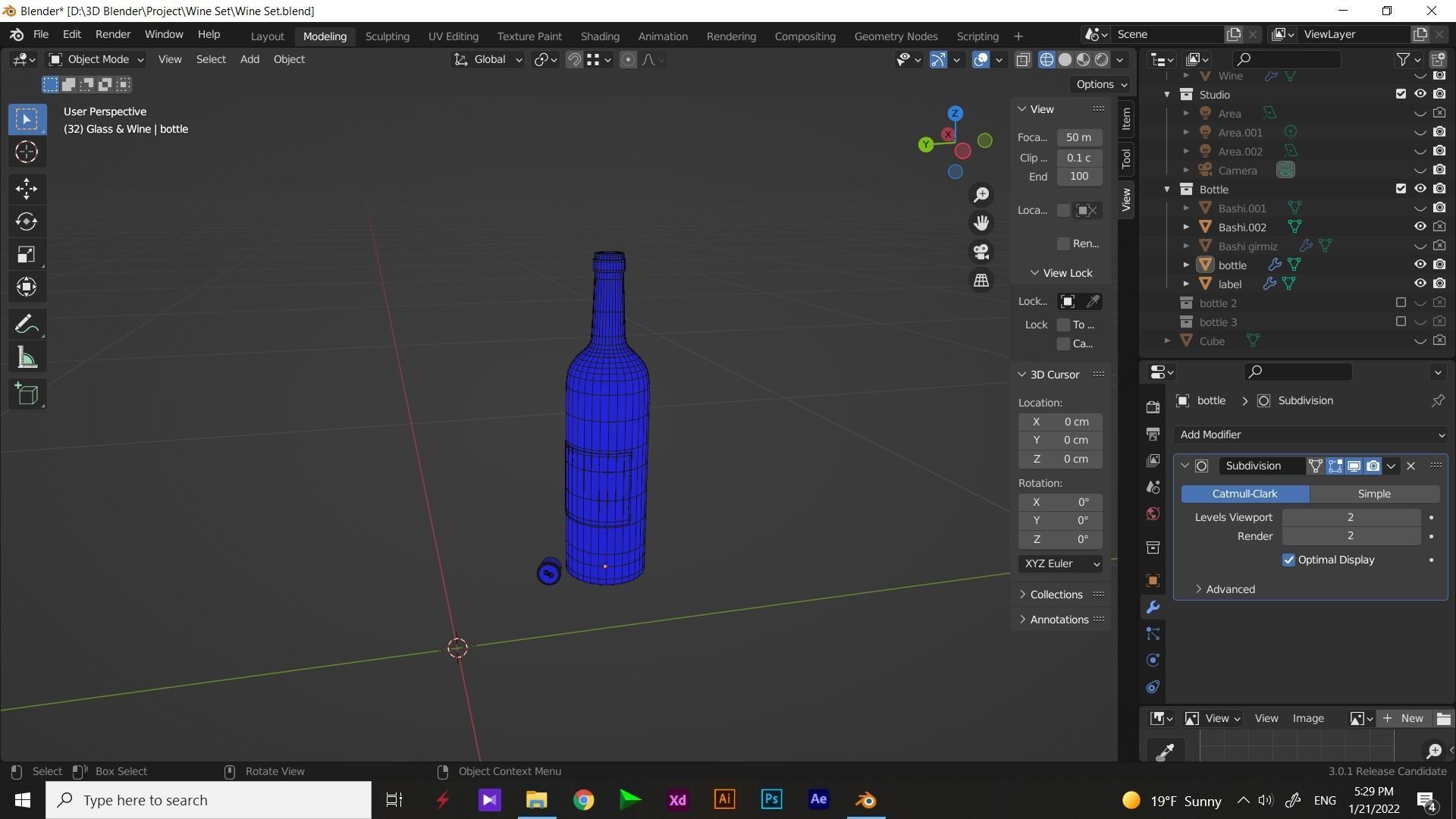 Wine Bottle With Glass Free 3D model_7