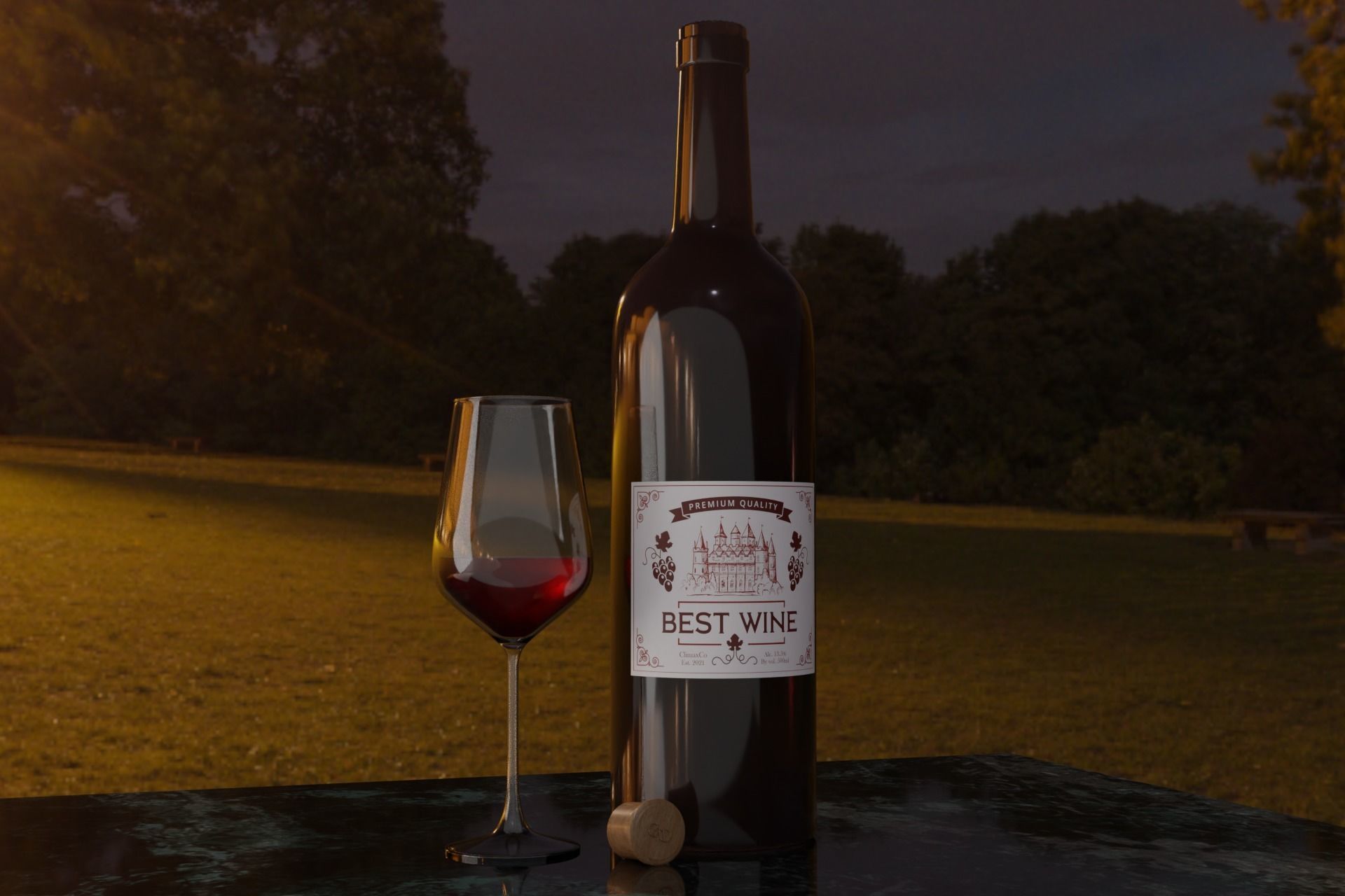 Wine Bottle With Glass Free 3D model_4