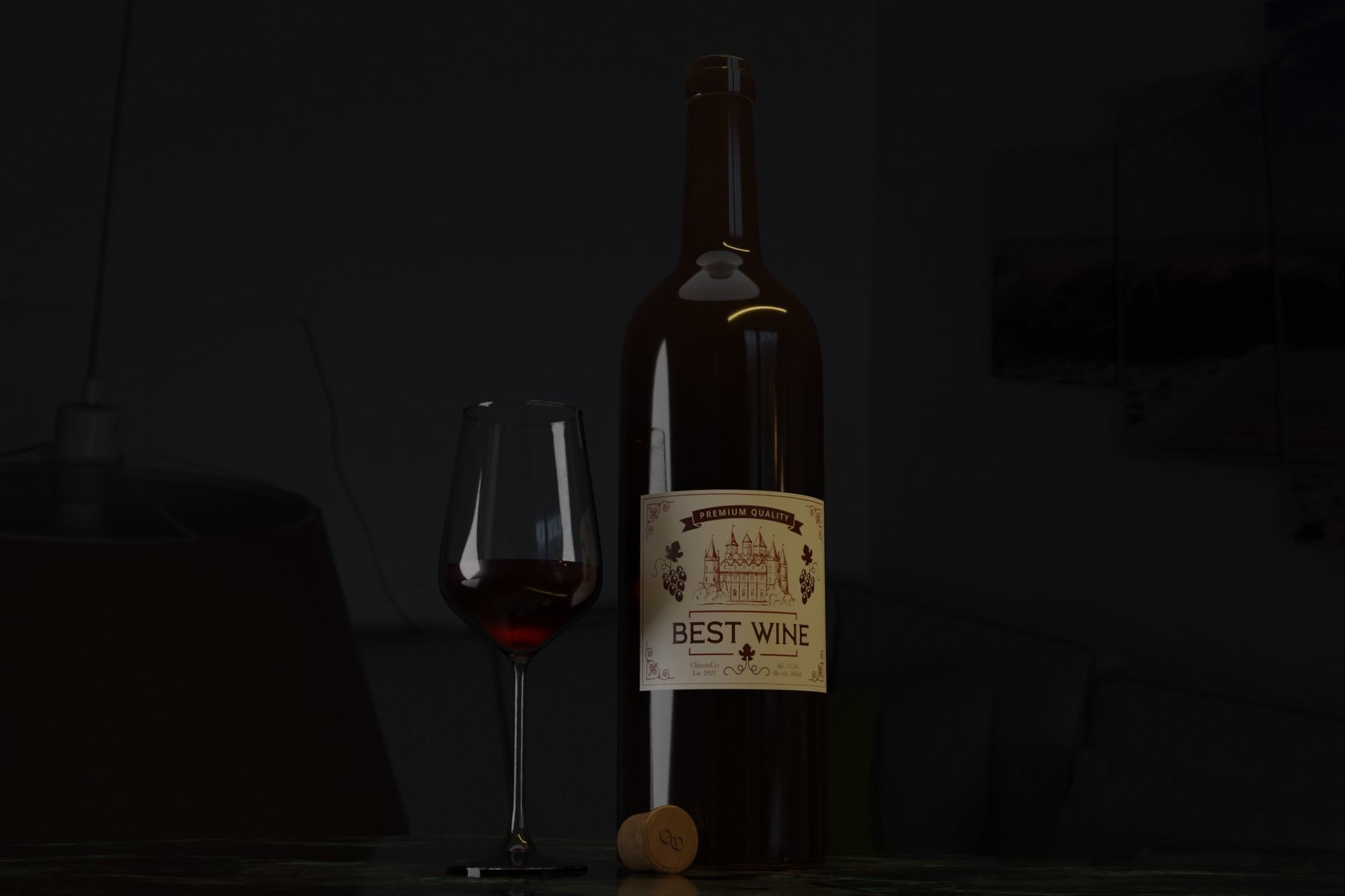 Wine Bottle With Glass Free 3D model_1