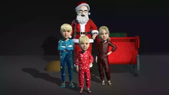 Santa Claus and Three Kids Full Rigged 3D model 