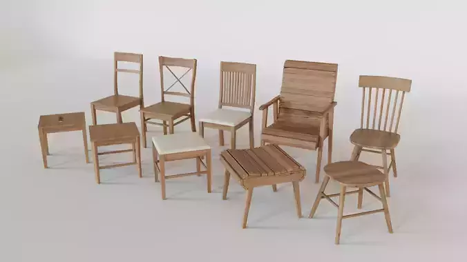 3D classic wooden chairs and stools