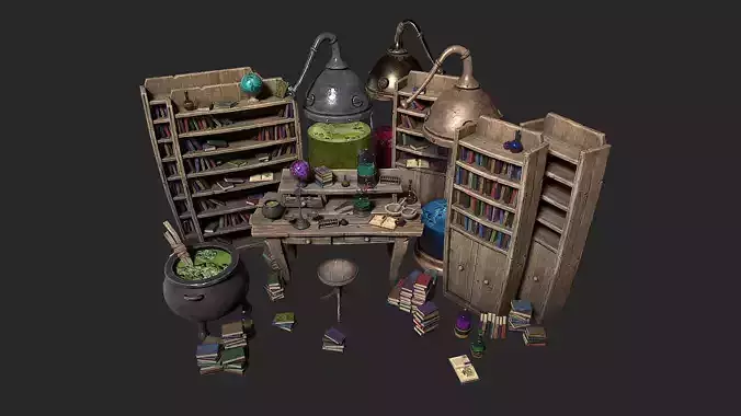 Medieval Laboratory Furniture Set Low-poly 3D model
