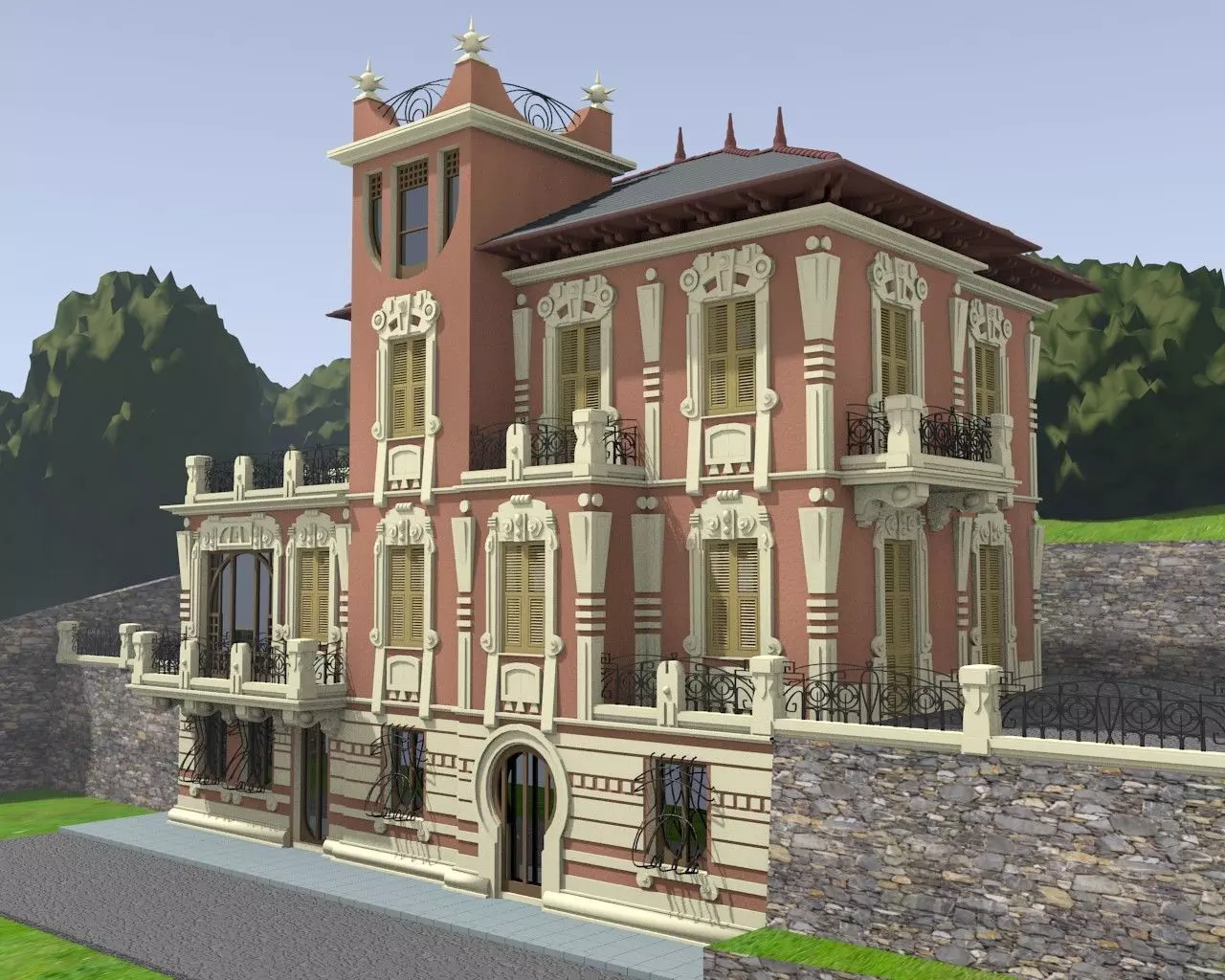 Afi24 ornate building with balconies and turrets Free 3D model