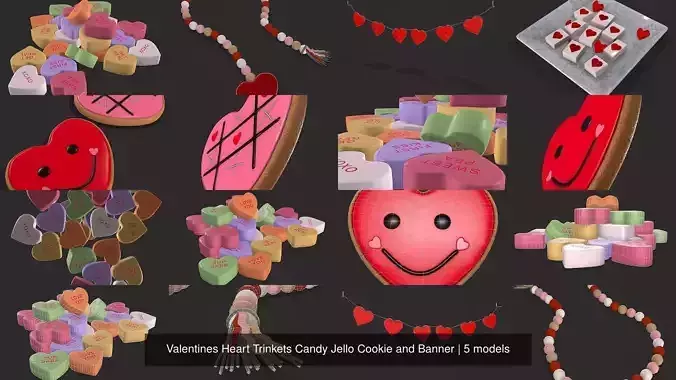 Valentines Heart Trinkets Candy Jello Cookie and Banner