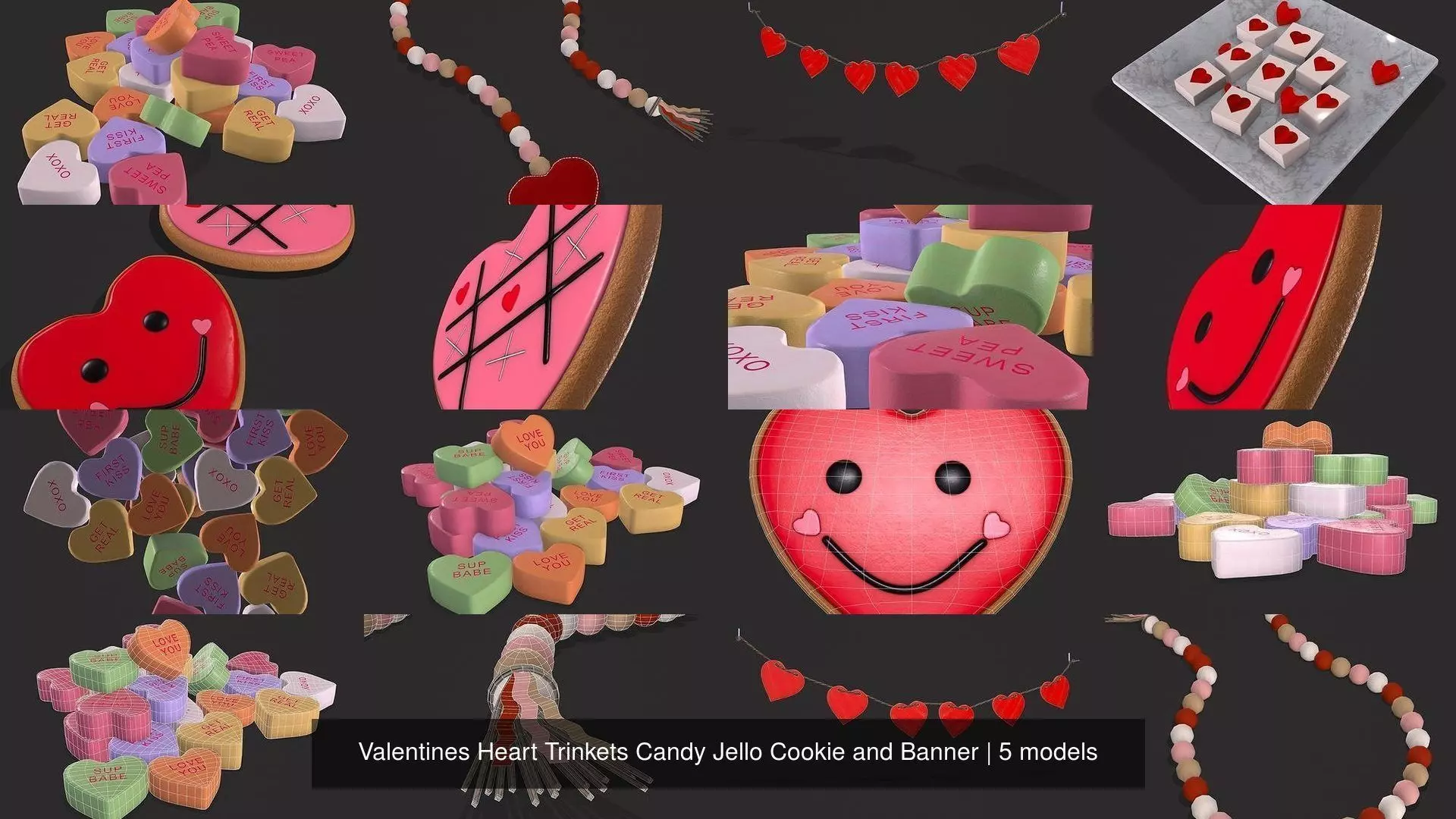 Valentines Heart Trinkets Candy Jello Cookie and Banner 3D Model Collection_6