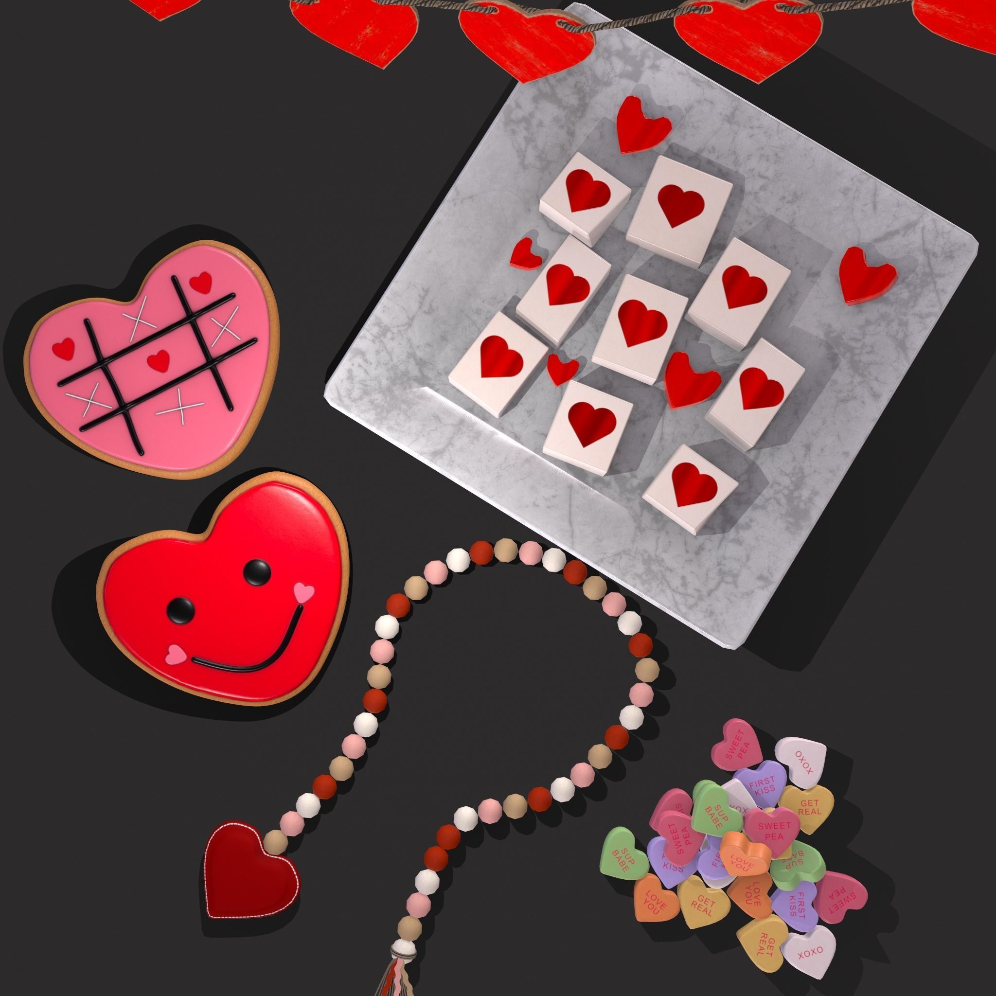 Valentines Heart Trinkets Candy Jello Cookie and Banner 3D Model Collection_8