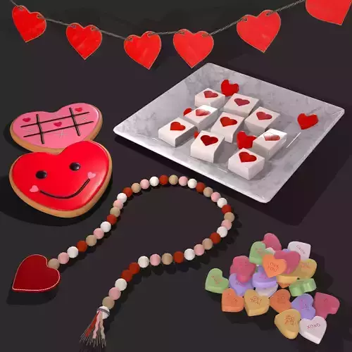 Valentines Heart Trinkets Candy Jello Cookie and Banner 3D Model Collection