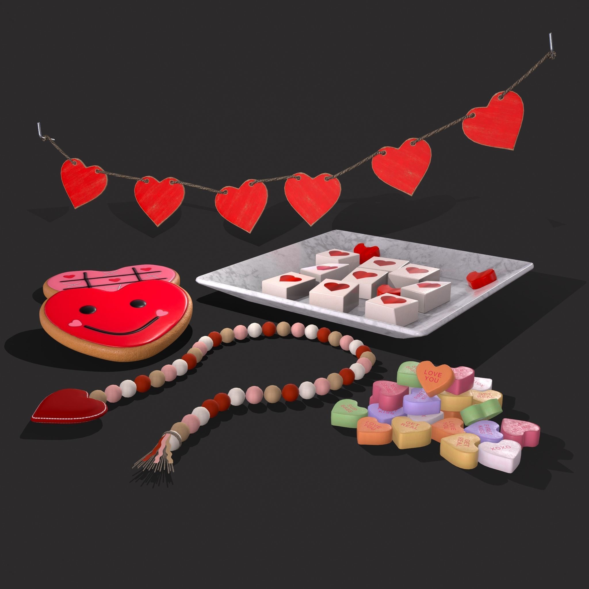 Valentines Heart Trinkets Candy Jello Cookie and Banner 3D Model Collection_10