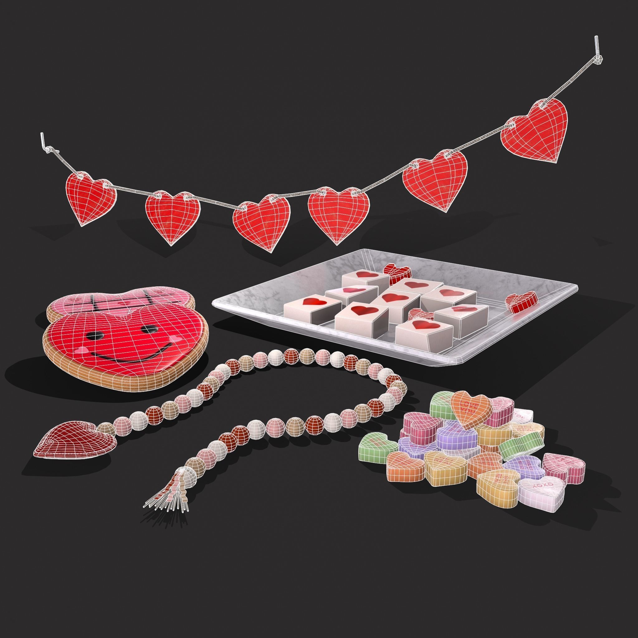 Valentines Heart Trinkets Candy Jello Cookie and Banner 3D Model Collection_11