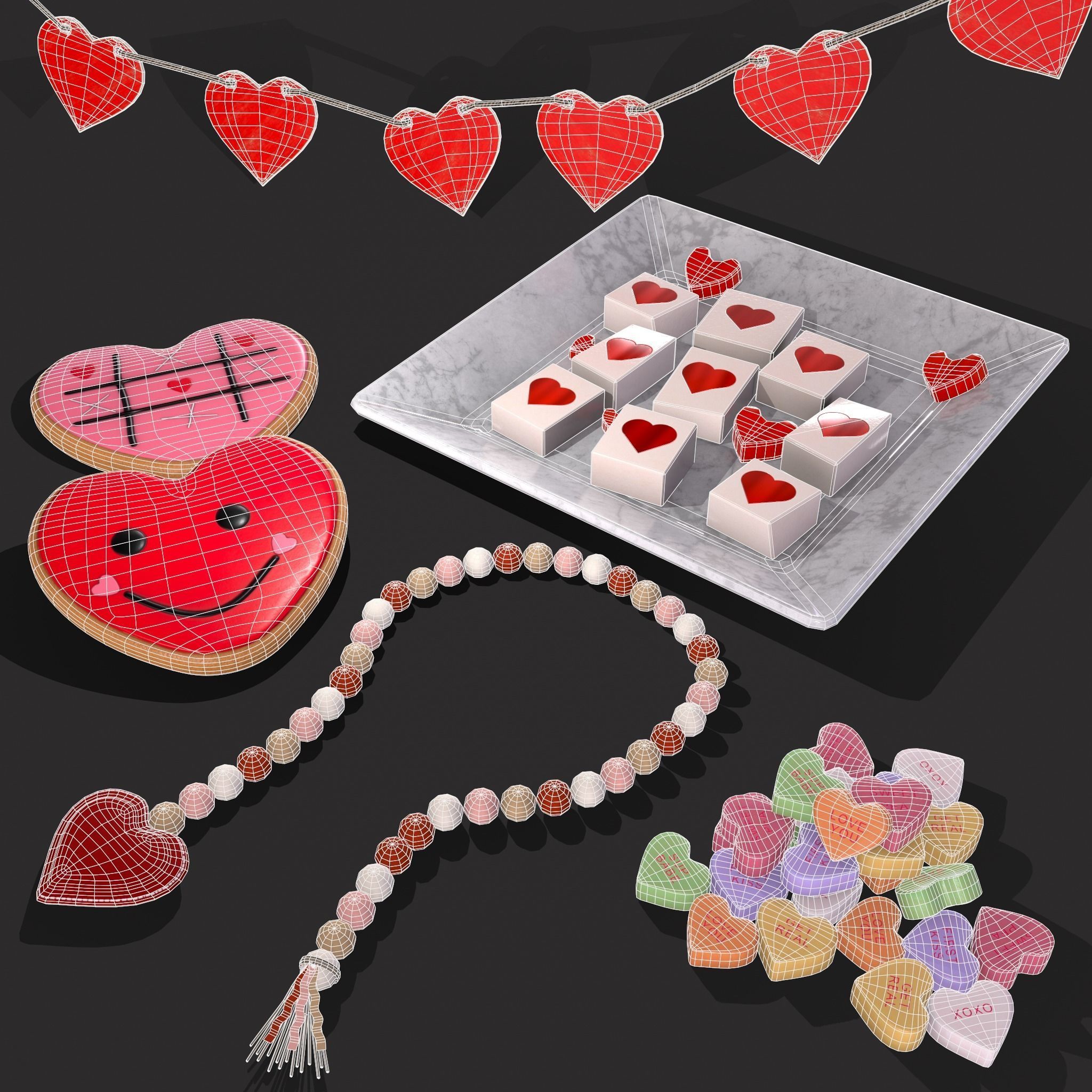 Valentines Heart Trinkets Candy Jello Cookie and Banner 3D Model Collection_7