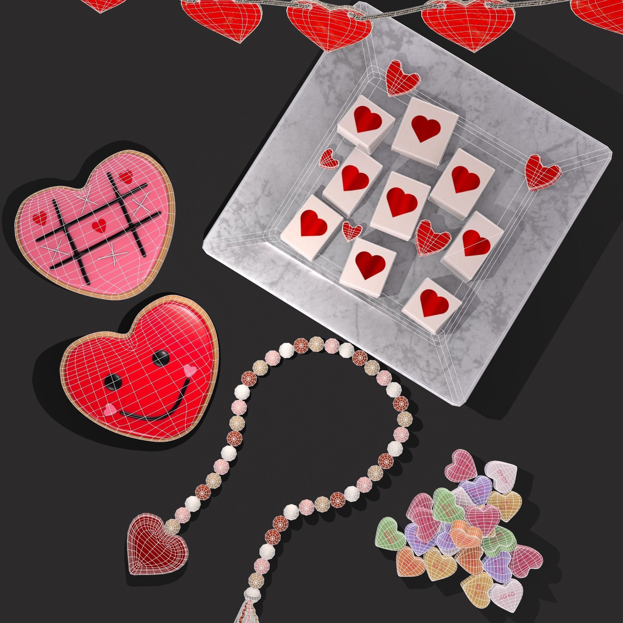 Valentines Heart Trinkets Candy Jello Cookie and Banner 3D Model Collection_9