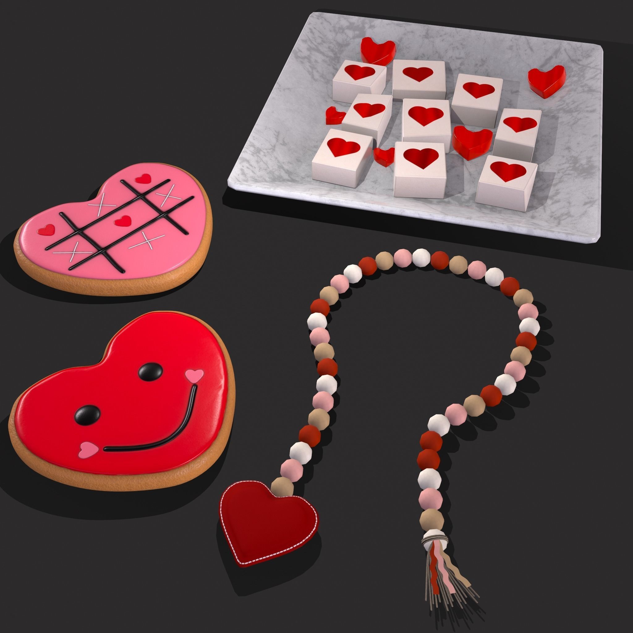 Valentines Heart Trinkets Candy Jello Cookie and Banner 3D Model Collection_21