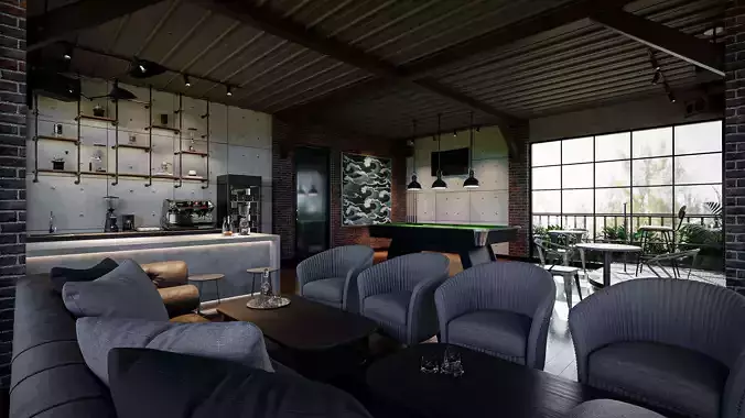 Industrial 3D Lounge CoffeeShop Blender - Fbx - Obj Low-poly 3D model