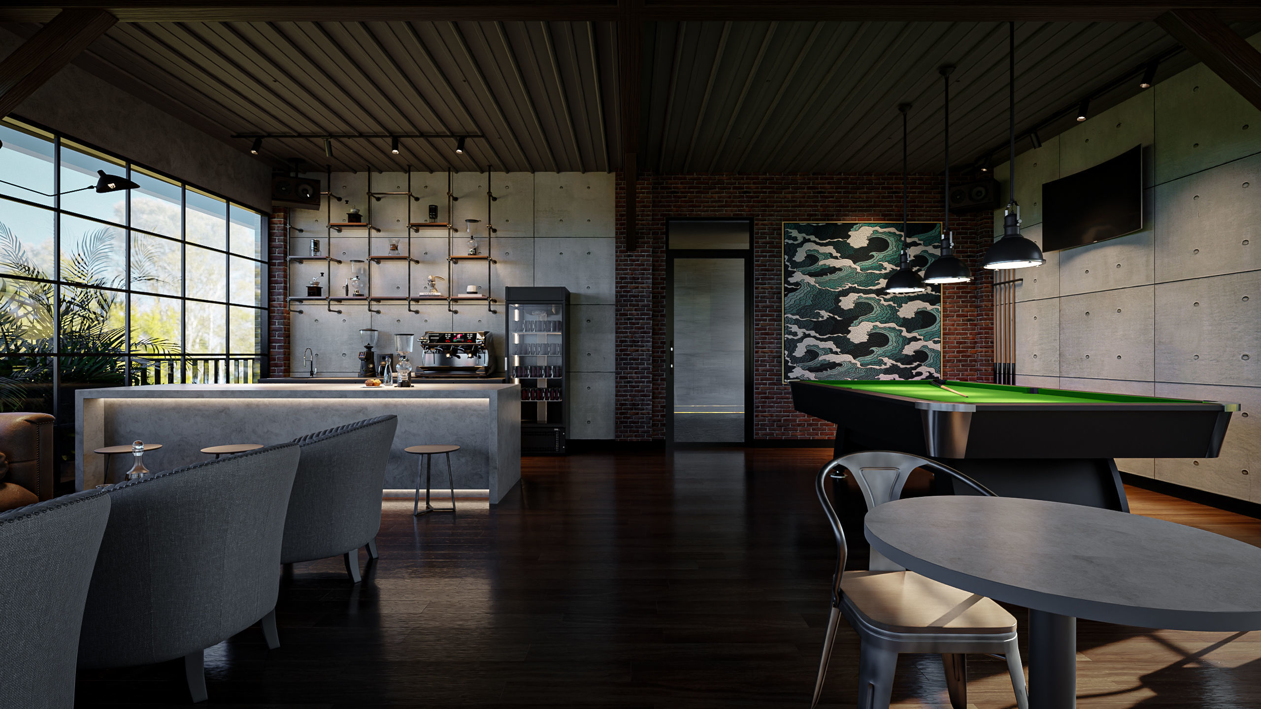 Industrial 3D Lounge CoffeeShop Blender - Fbx - Obj Low-poly 3D model_1
