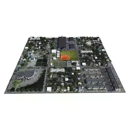 Neighborhood city with orange ball in middle