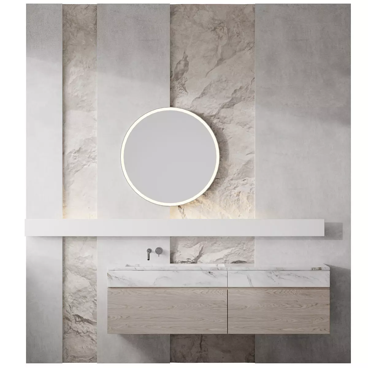 Bath set 3 modern bathroom vanity with round mirror 3D model_0