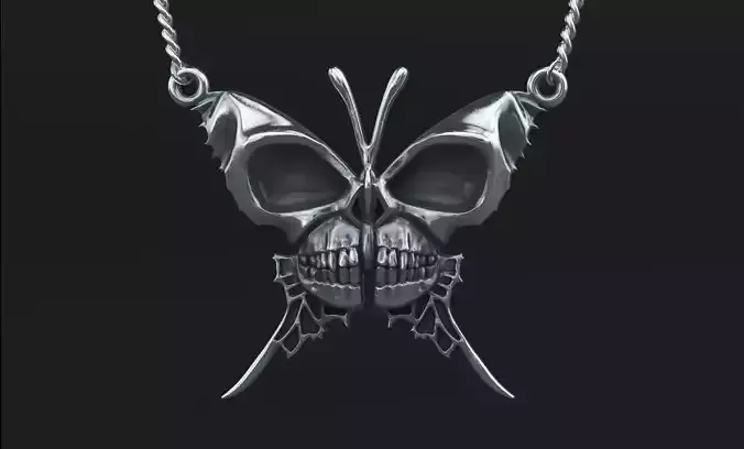 skull butterfly  silver necklace