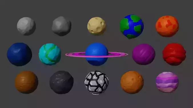 Stylized Planets and Moons Low-poly 3D model