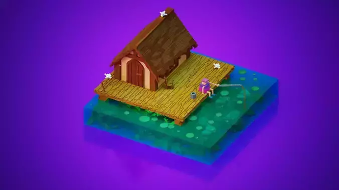 fishing and wooden cabin voxel art