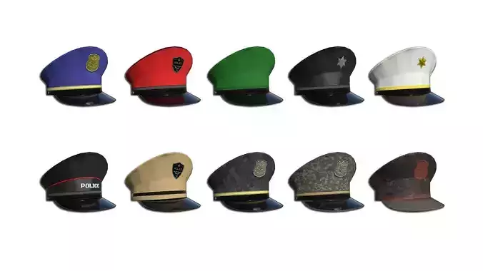 10 Police Caps - Military Character Design Fashion 3D Model Collection