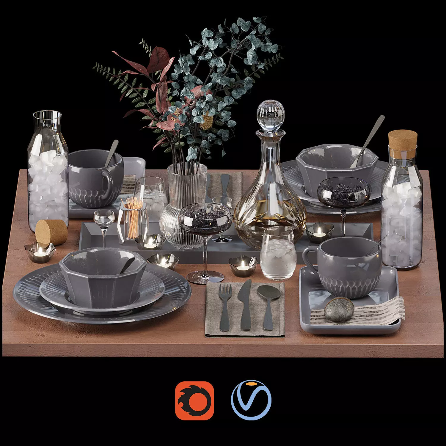 Ikea-tableware-2 table setting with silverware and plates 3D model